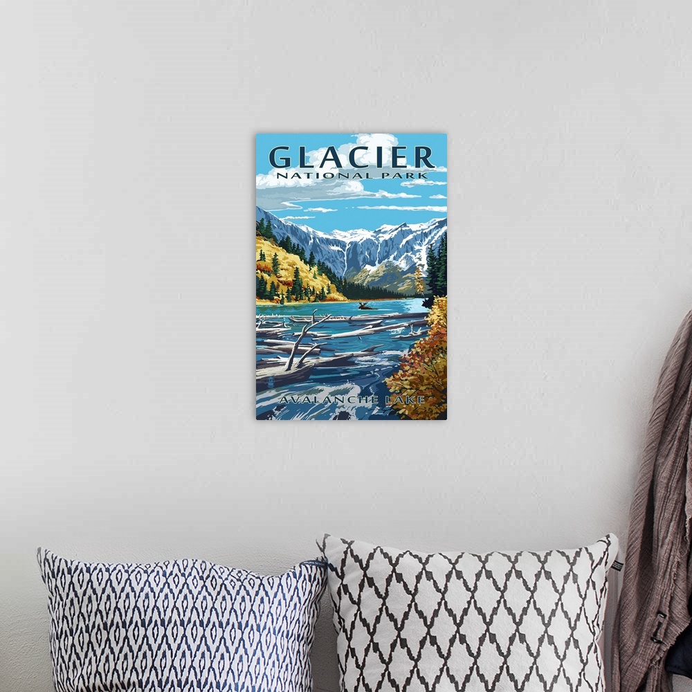 A bohemian room featuring Glacier National Park, Moose Swimming: Retro Travel Poster
