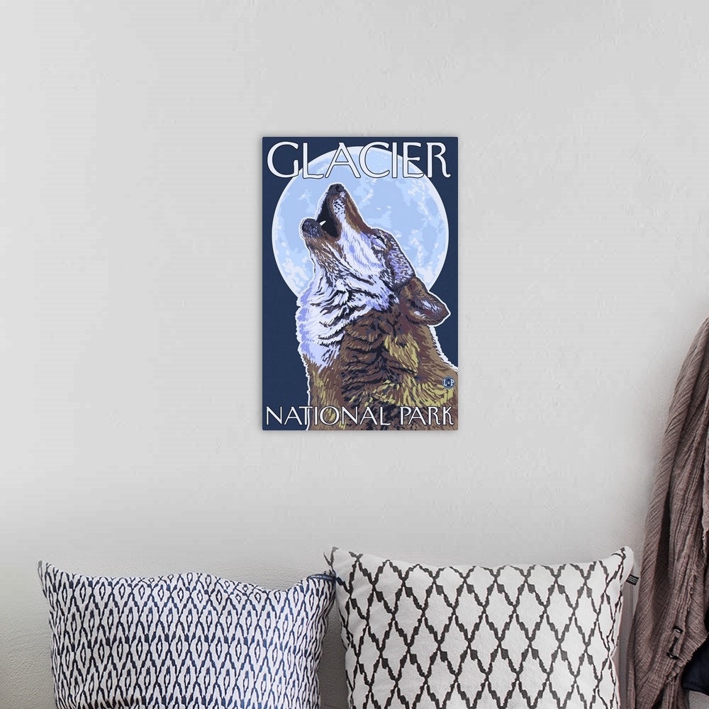 A bohemian room featuring Glacier National Park, MT - Howling Wolf: Retro Travel Poster