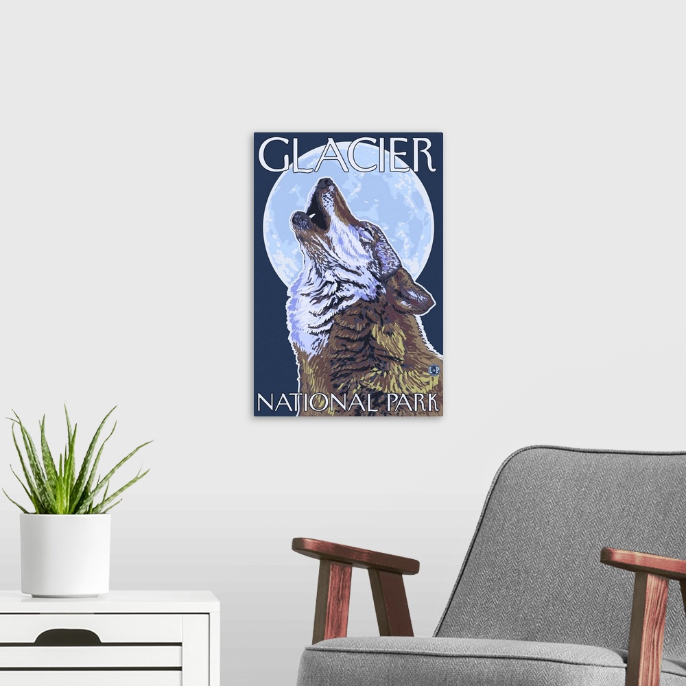 A modern room featuring Glacier National Park, MT - Howling Wolf: Retro Travel Poster