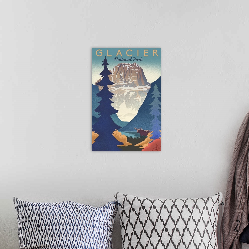 A bohemian room featuring Glacier National Park, Natural Landscape: Retro Travel Poster