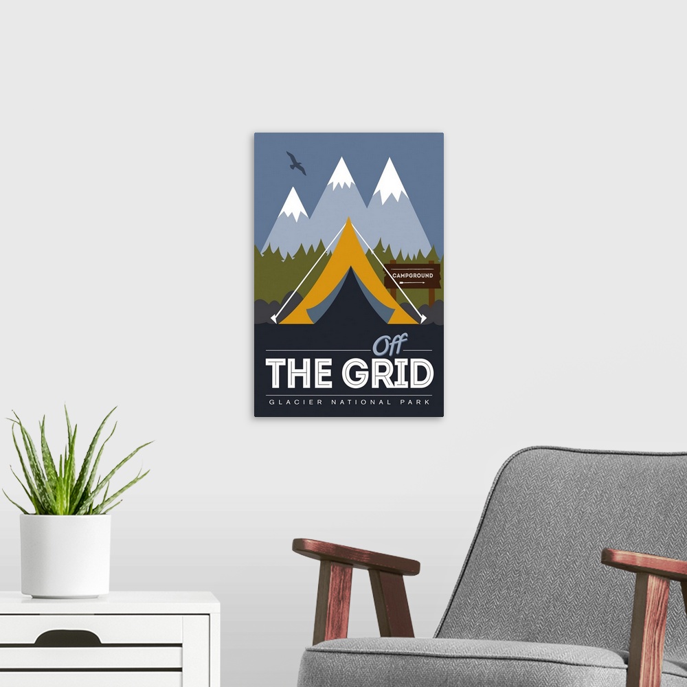 A modern room featuring Glacier National Park, Off Grid Campground: Graphic Travel Poster
