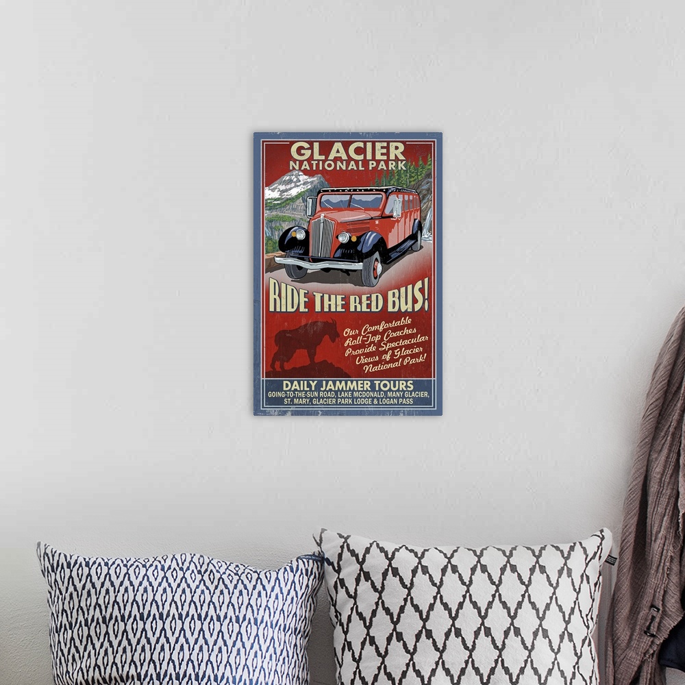 A bohemian room featuring Retro stylized art poster of a vintage sign with a red mountain touring bus.
