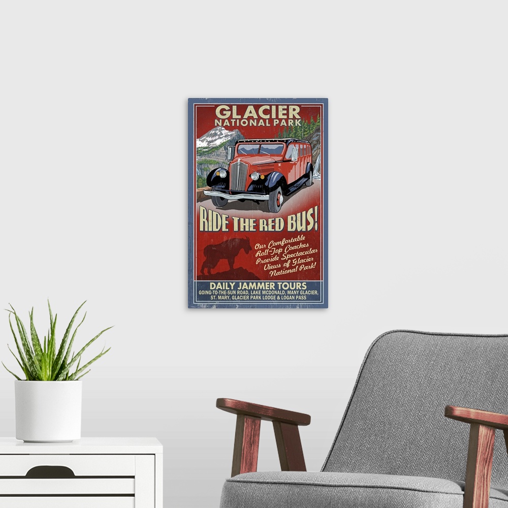 A modern room featuring Retro stylized art poster of a vintage sign with a red mountain touring bus.