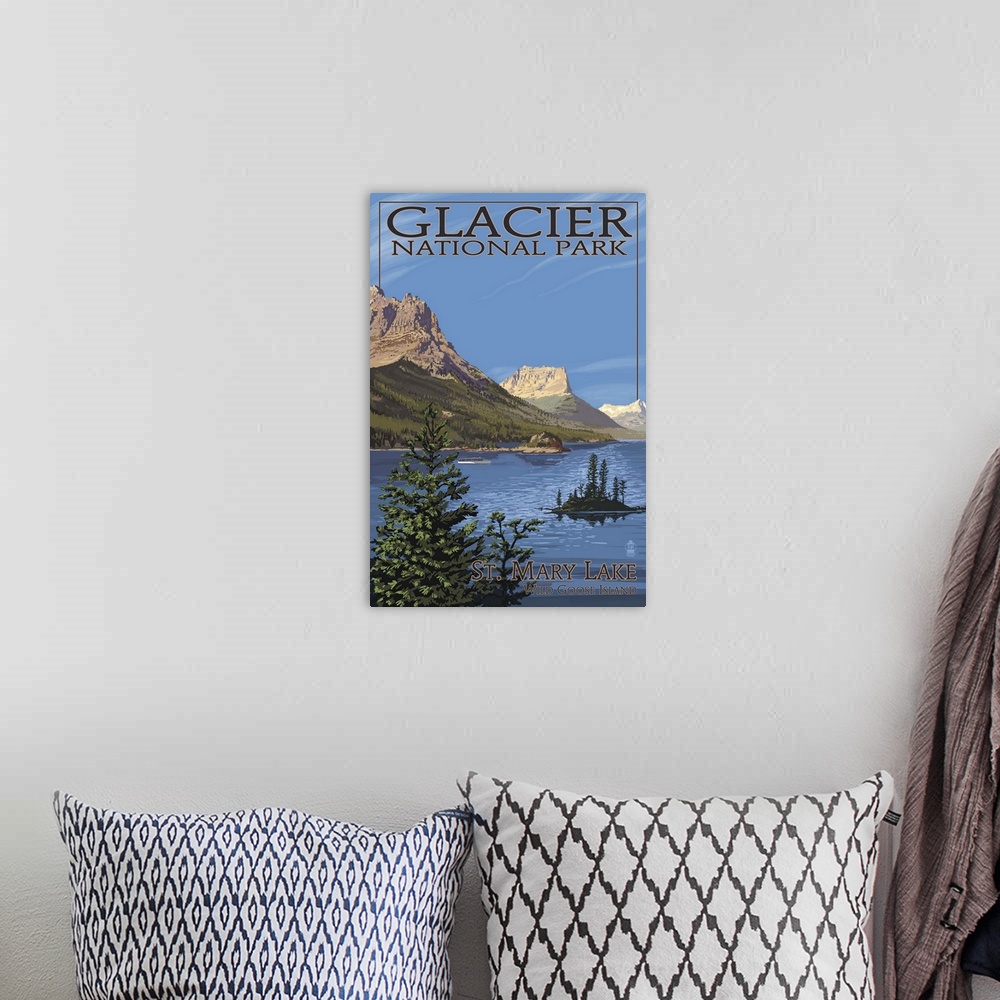 A bohemian room featuring Glacier National Park - St. Mary Lake: Retro Travel Poster
