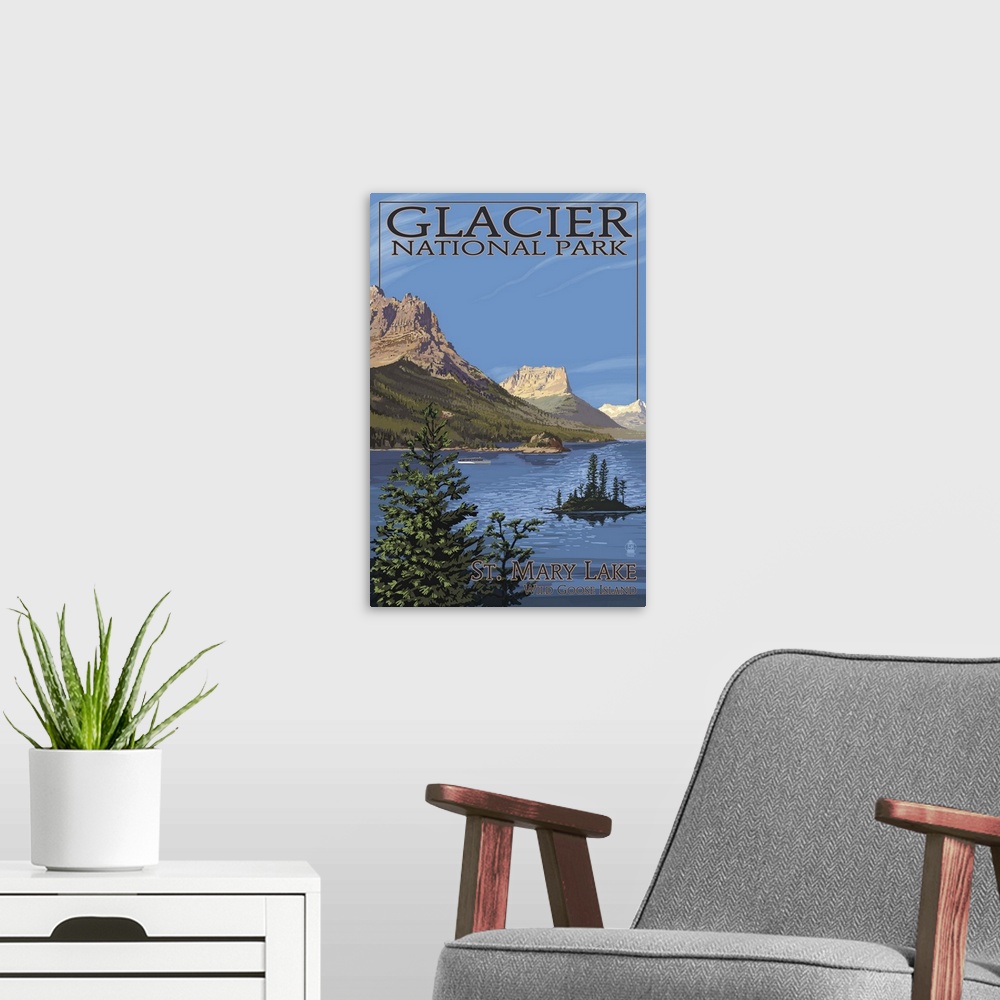 A modern room featuring Glacier National Park - St. Mary Lake: Retro Travel Poster