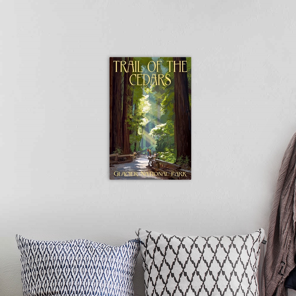 A bohemian room featuring Glacier National Park, Trail Of The Cedars: Retro Travel Poster