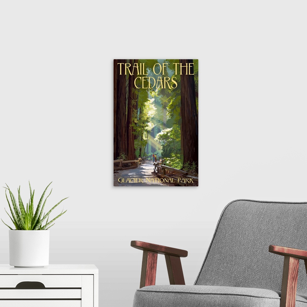 A modern room featuring Glacier National Park, Trail Of The Cedars: Retro Travel Poster
