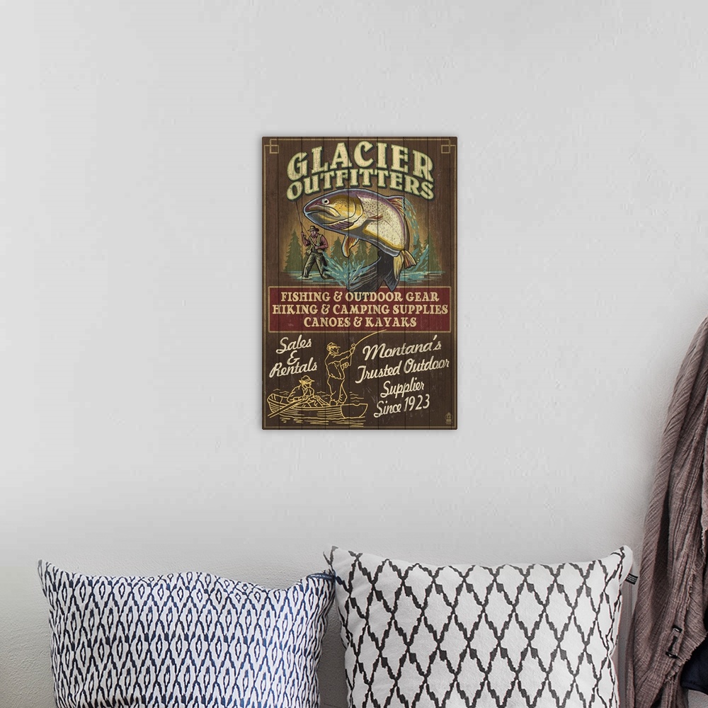 A bohemian room featuring Glacier National Park - Trout Outfitters Vintage Sign: Retro Travel Poster