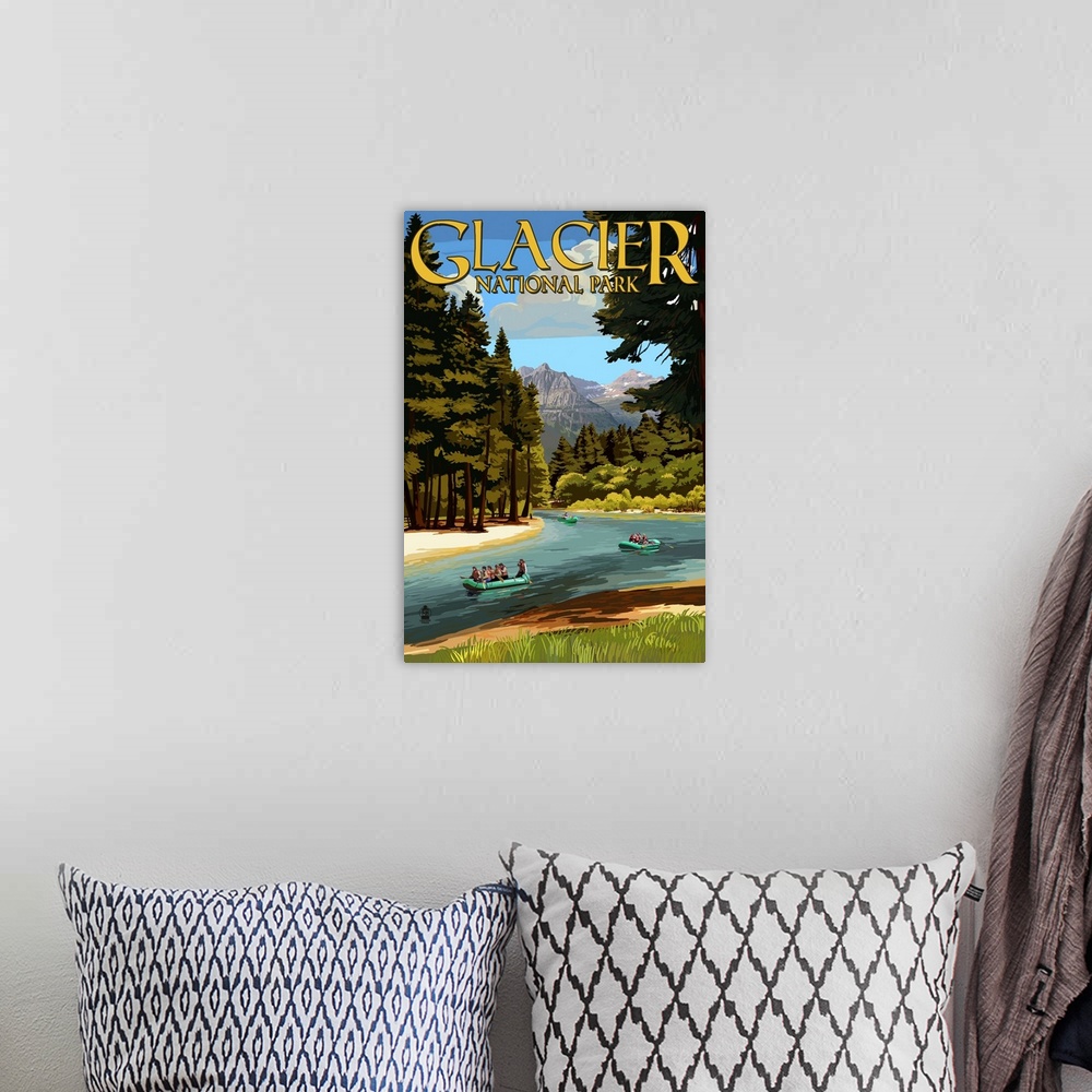 A bohemian room featuring Glacier National Park, Wild Water Rafting: Retro Travel Poster