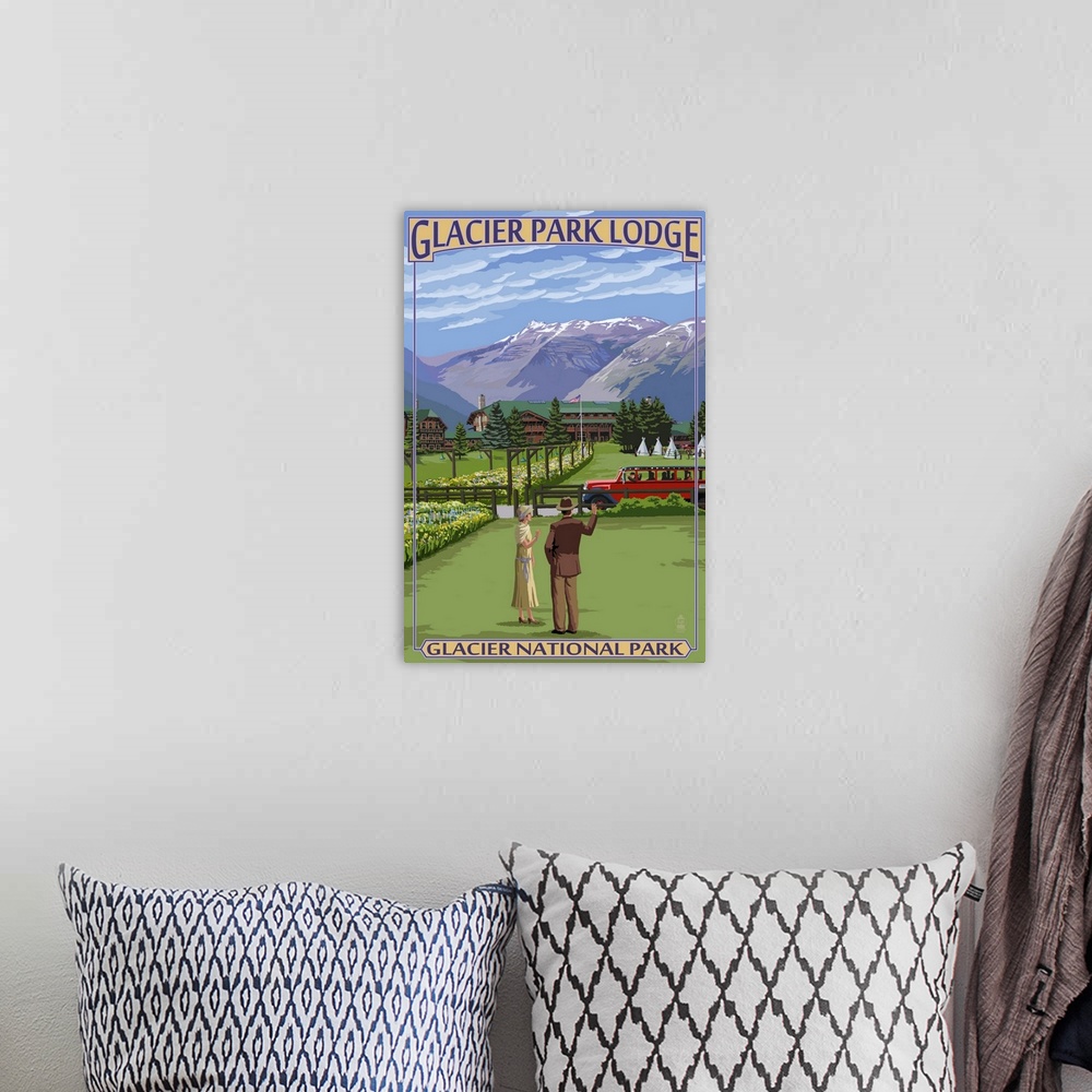 A bohemian room featuring Glacier Park Lodge - Glacier National Park, Montana: Retro Travel Poster