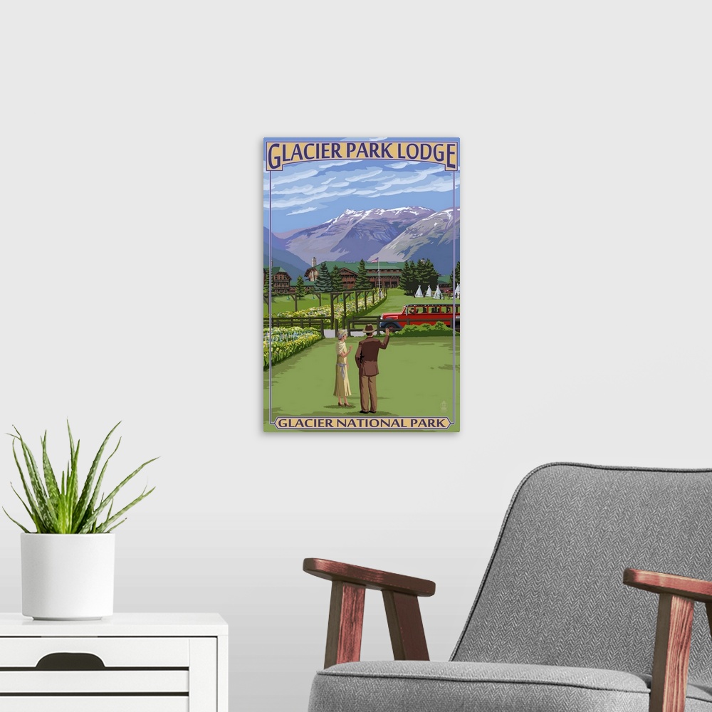 A modern room featuring Glacier Park Lodge - Glacier National Park, Montana: Retro Travel Poster
