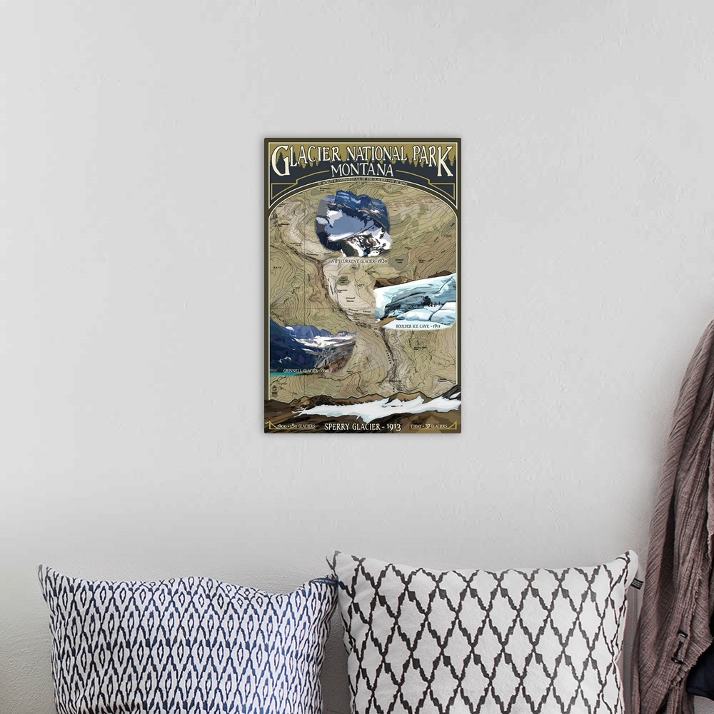 A bohemian room featuring Glacier Scenes Topographical Map - Glacier National Park, Montana: Retro Travel Poster