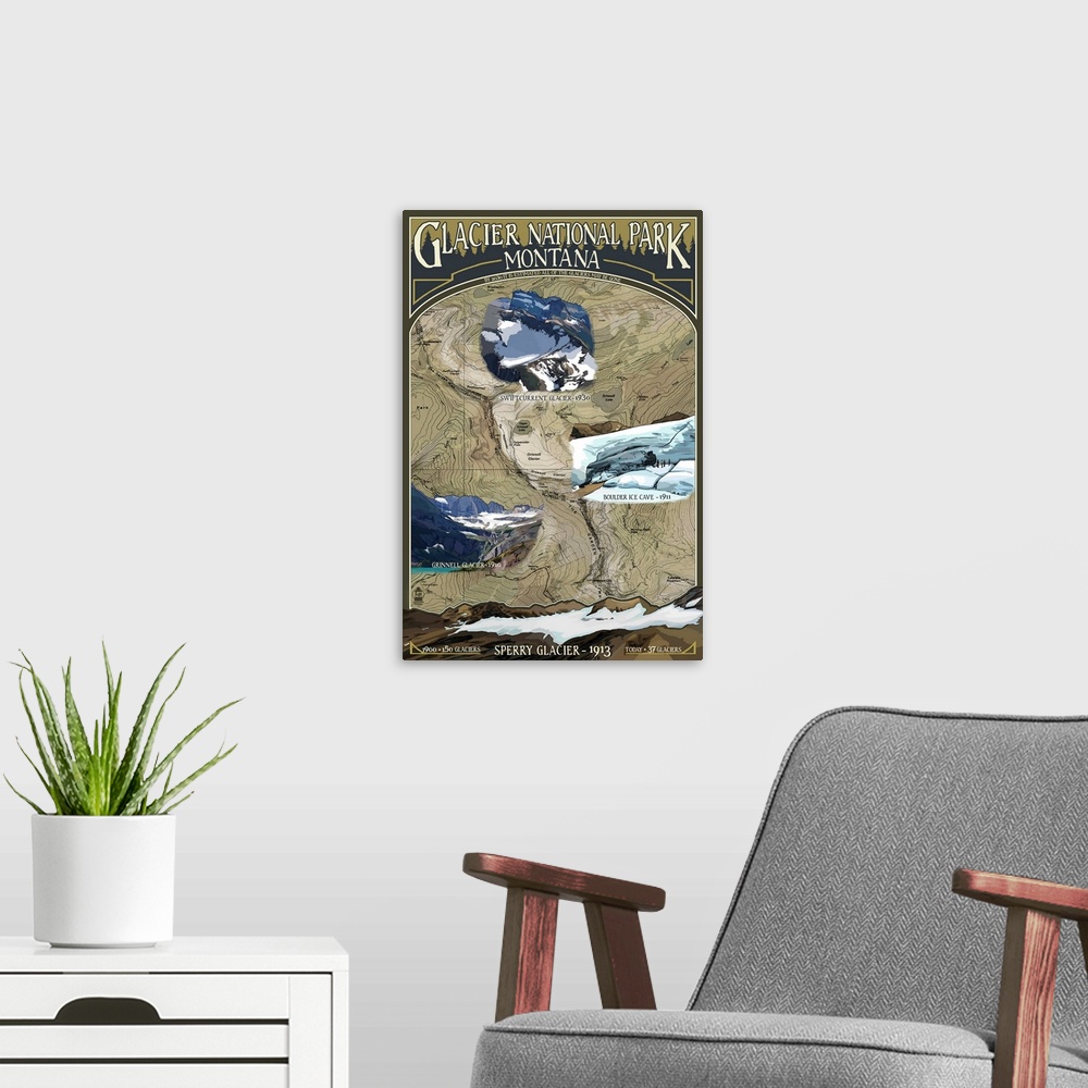 A modern room featuring Glacier Scenes Topographical Map - Glacier National Park, Montana: Retro Travel Poster