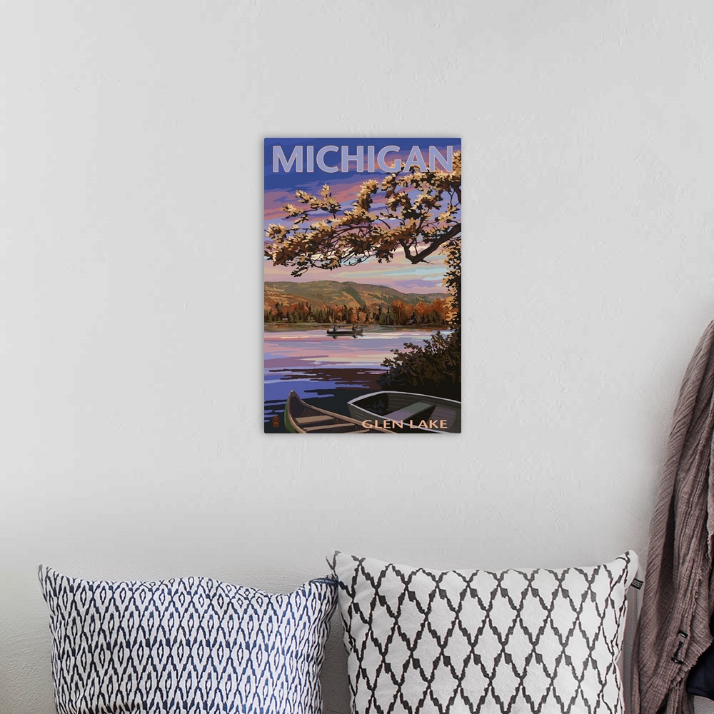 A bohemian room featuring Glen Lake, Michigan - Lake Scene at Dusk: Retro Travel Poster