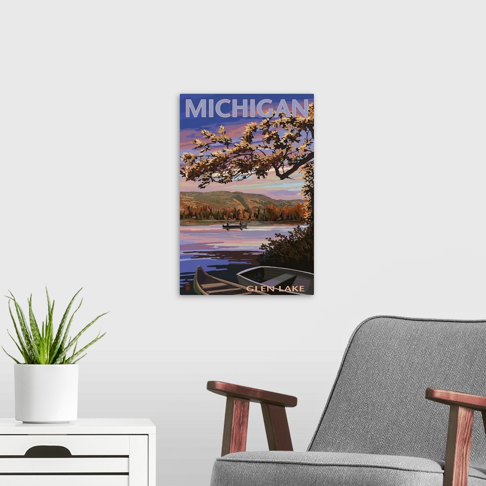A modern room featuring Glen Lake, Michigan - Lake Scene at Dusk: Retro Travel Poster