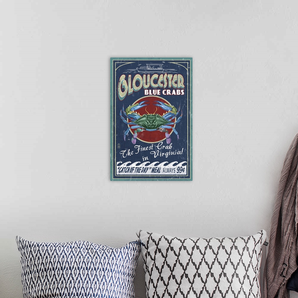 A bohemian room featuring Gloucester, Virginia - Blue Crab Vintage Sign: Retro Travel Poster