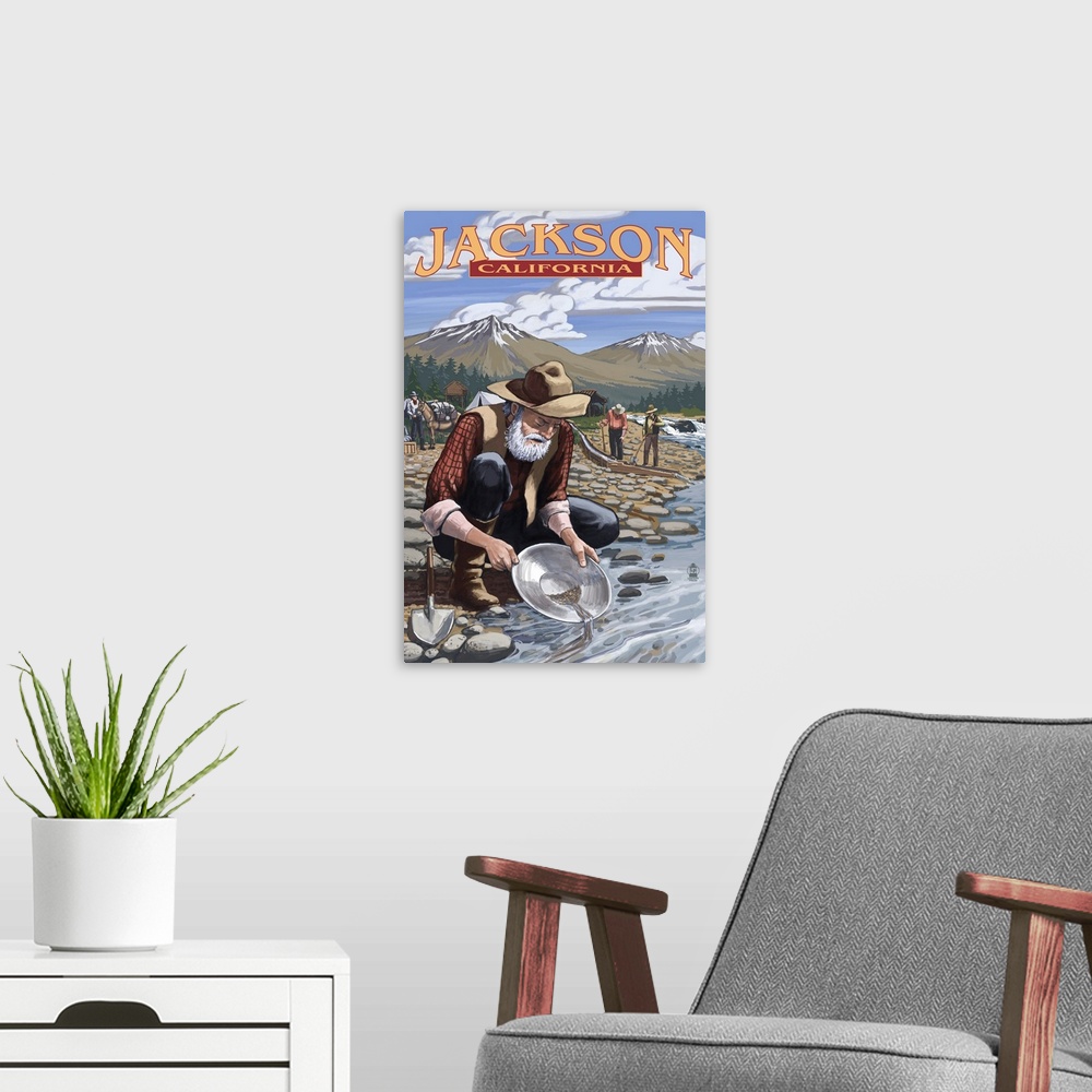 A modern room featuring Retro stylized art poster of an old man kneeling down beside stream, panning for gold.