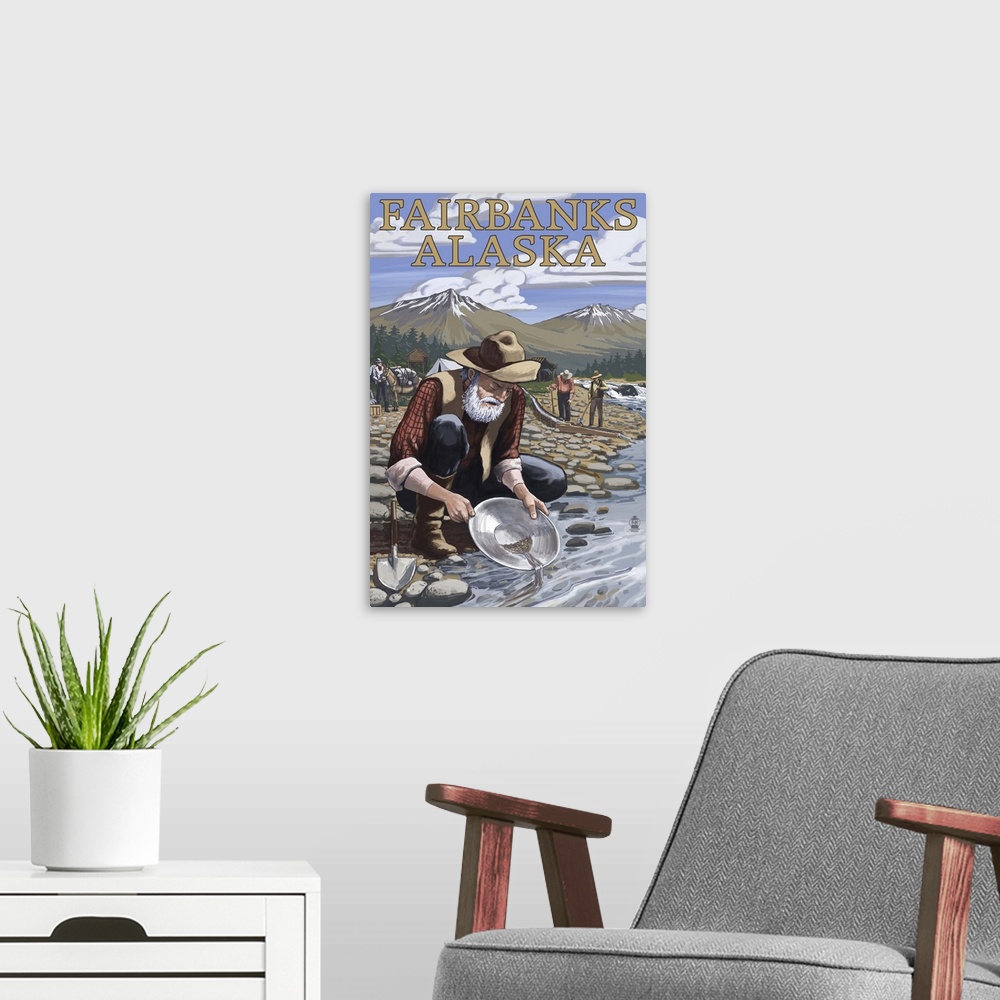 A modern room featuring Gold Panner Mining Camp - Fairbanks, AK: Retro Travel Poster