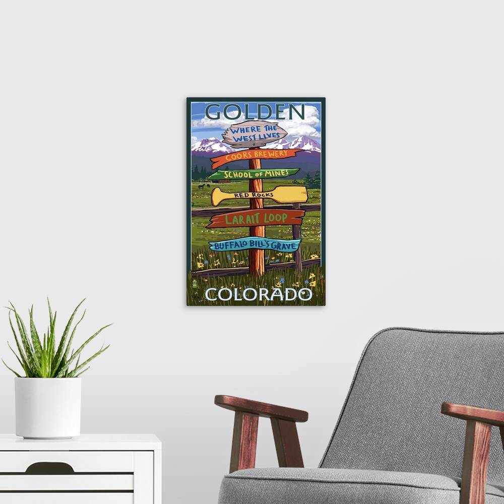 A modern room featuring Golden, Colorado - Sign Destinations: Retro Travel Poster