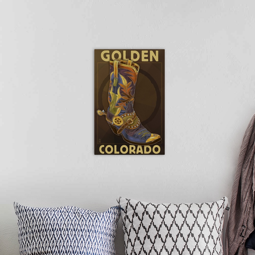 A bohemian room featuring Golden, Colordao - Cowboy Boot: Retro Travel Poster