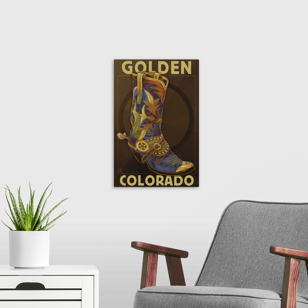 A modern room featuring Golden, Colordao - Cowboy Boot: Retro Travel Poster
