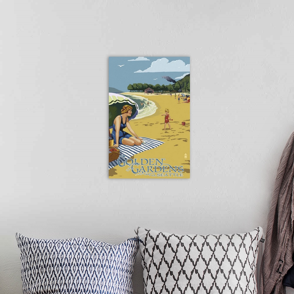 A bohemian room featuring Golden Gardens Beach Scene - Ballard, Seattle, WA: Retro Travel Poster
