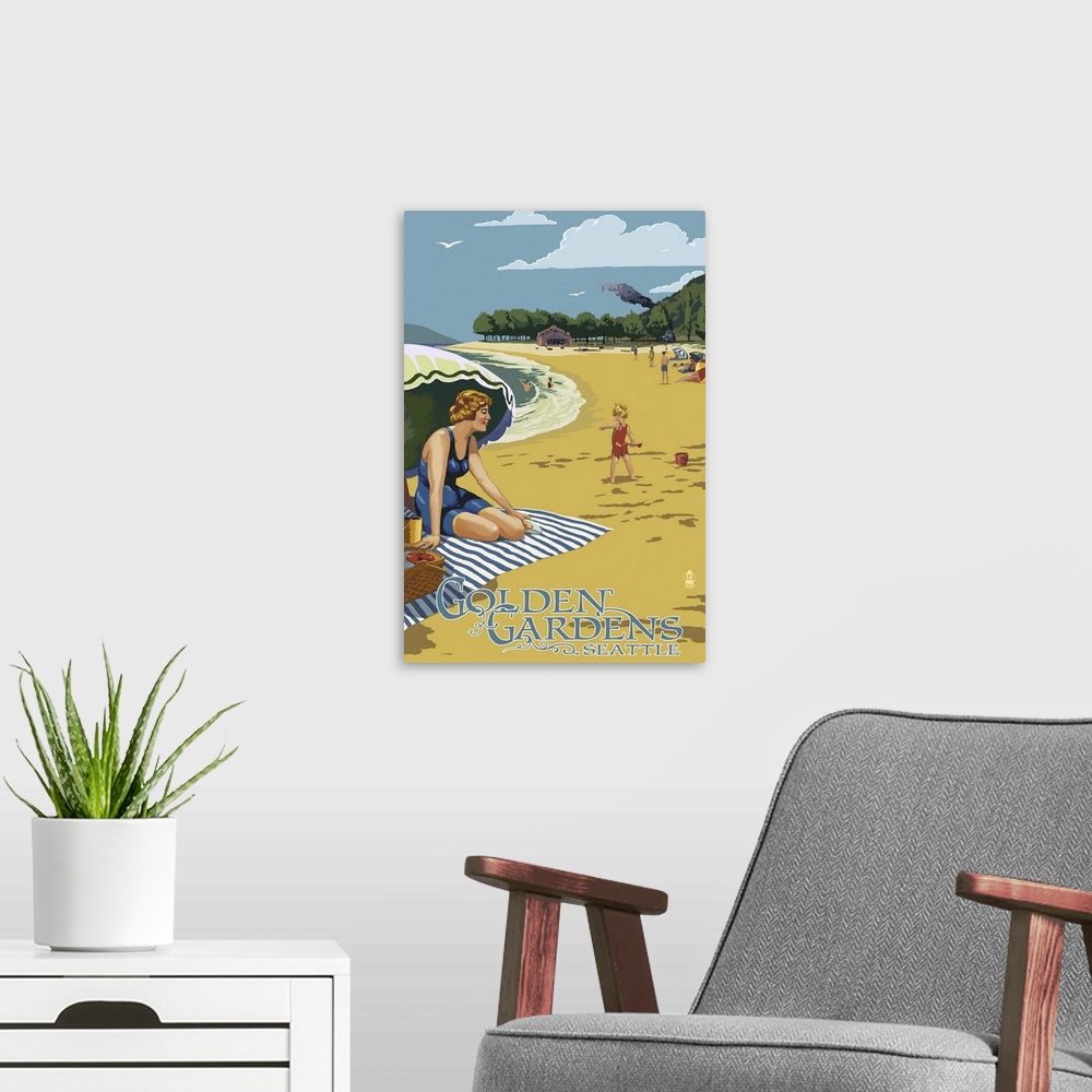 A modern room featuring Golden Gardens Beach Scene - Ballard, Seattle, WA: Retro Travel Poster