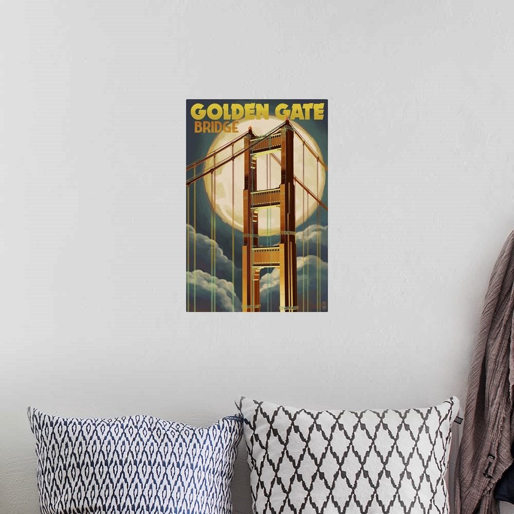 A bohemian room featuring Golden Gate Bridge and Moon - San Francisco, CA: Retro Travel Poster