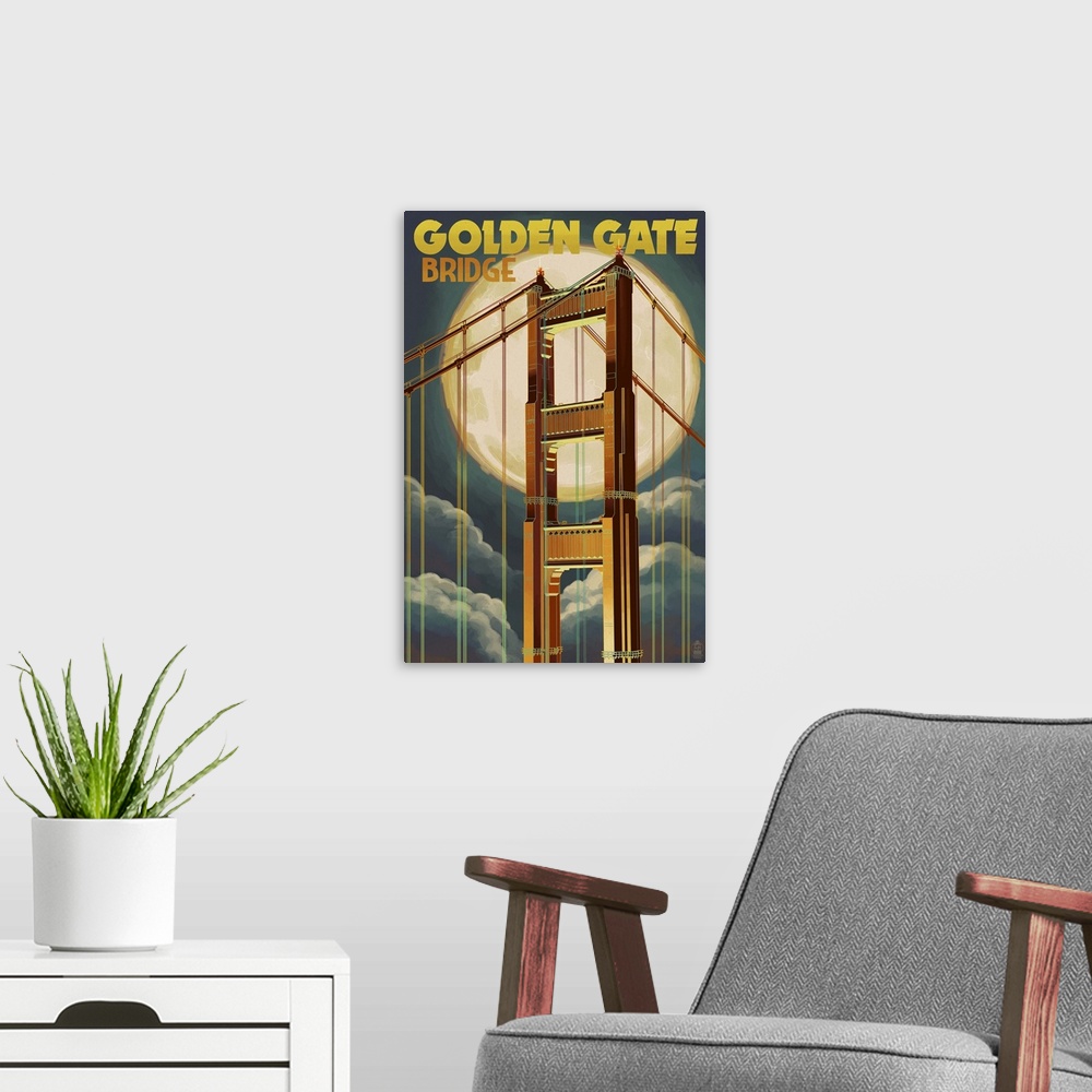 A modern room featuring Golden Gate Bridge and Moon - San Francisco, CA: Retro Travel Poster