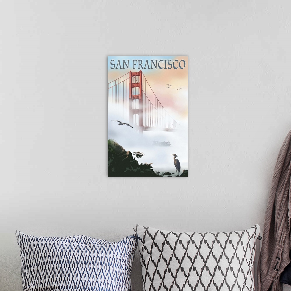 A bohemian room featuring Golden Gate Bridge in Fog - San Francisco, California: Retro Travel Poster