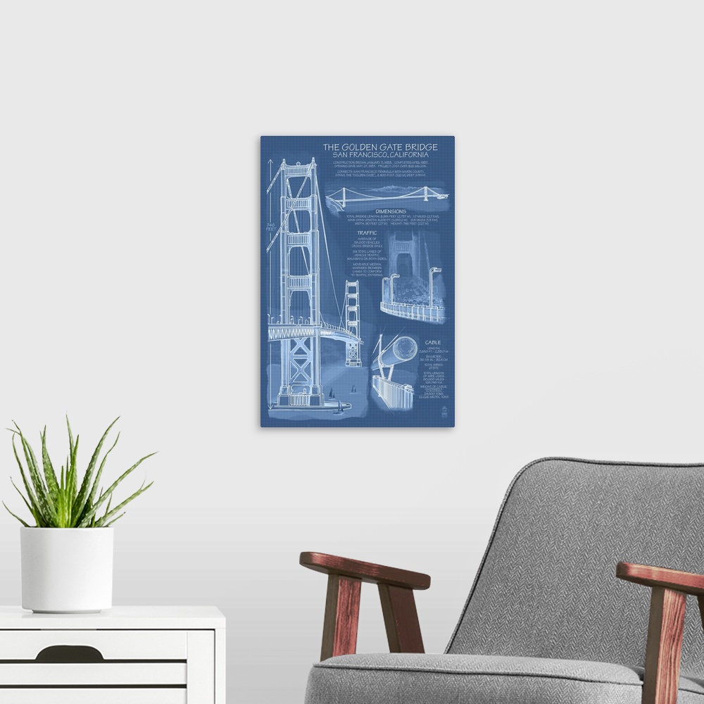 A modern room featuring Golden Gate Bridge - Technical (Blueprint): Retro Travel Poster