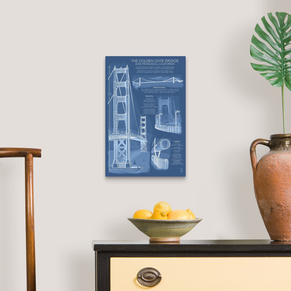 A traditional room featuring Golden Gate Bridge - Technical (Blueprint): Retro Travel Poster