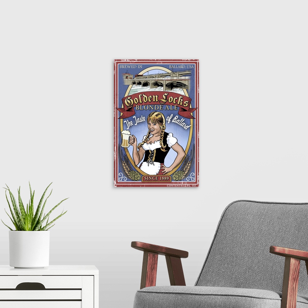 A modern room featuring Retro stylized art poster of a vintage sign of a beer maiden, holding up a mug of beer.