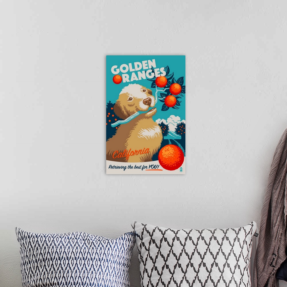 A bohemian room featuring Golden Retriever California Oranges, Retro Ad