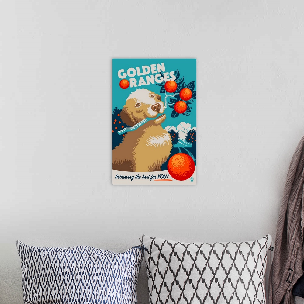 A bohemian room featuring Golden Retriever, Retro Oranges Ad