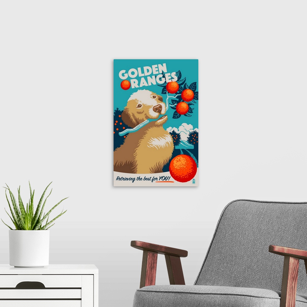 A modern room featuring Golden Retriever, Retro Oranges Ad