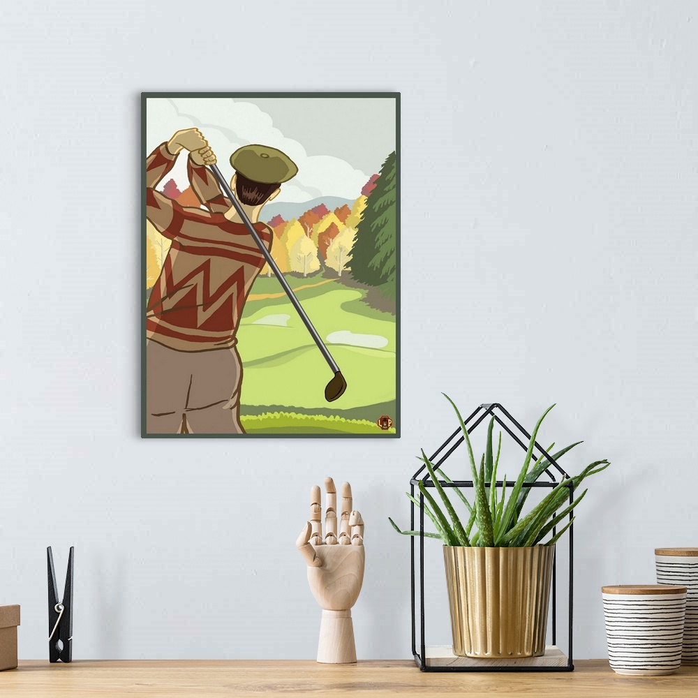 A bohemian room featuring Retro stylized art poster of a golfer making a shot on a golf course.