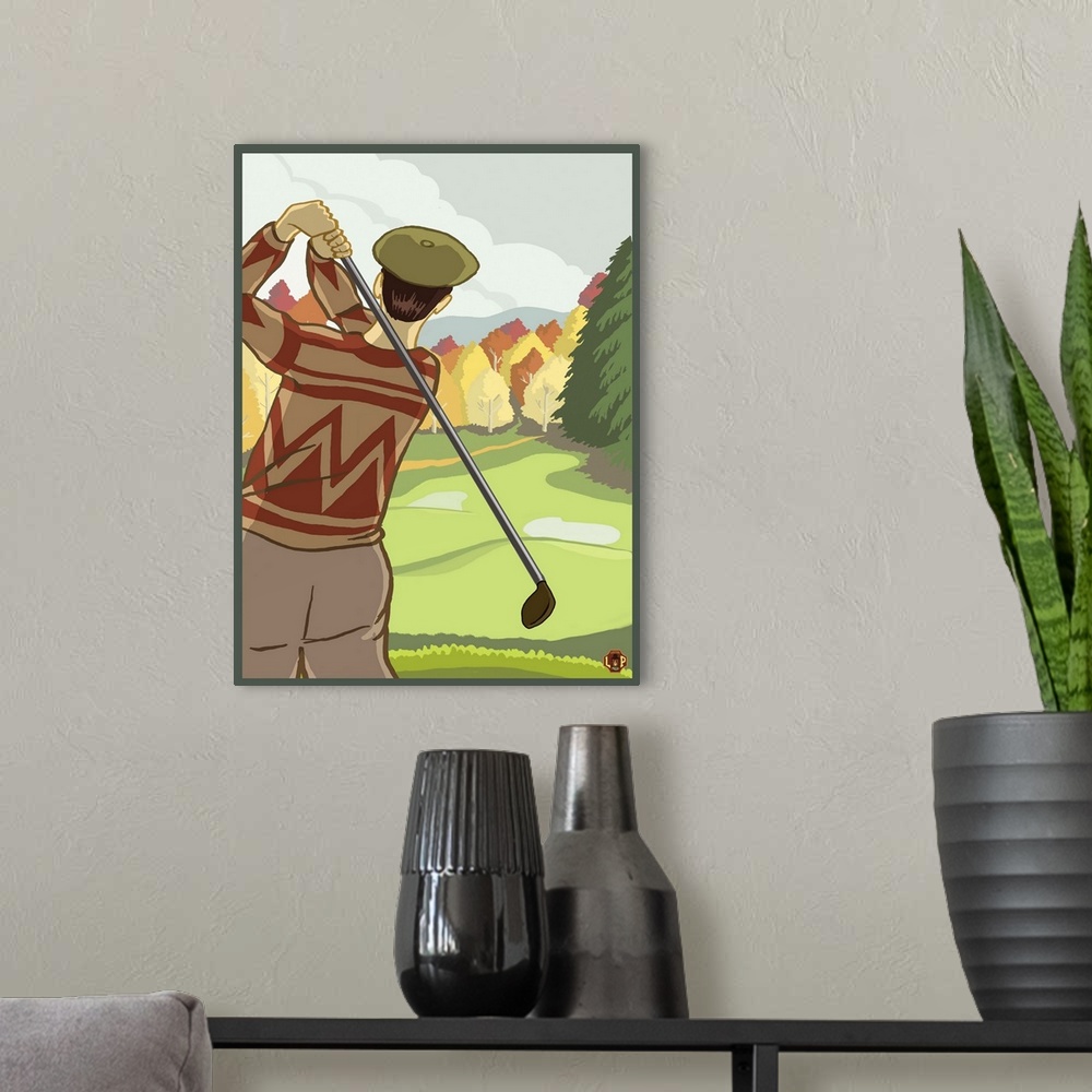 A modern room featuring Retro stylized art poster of a golfer making a shot on a golf course.