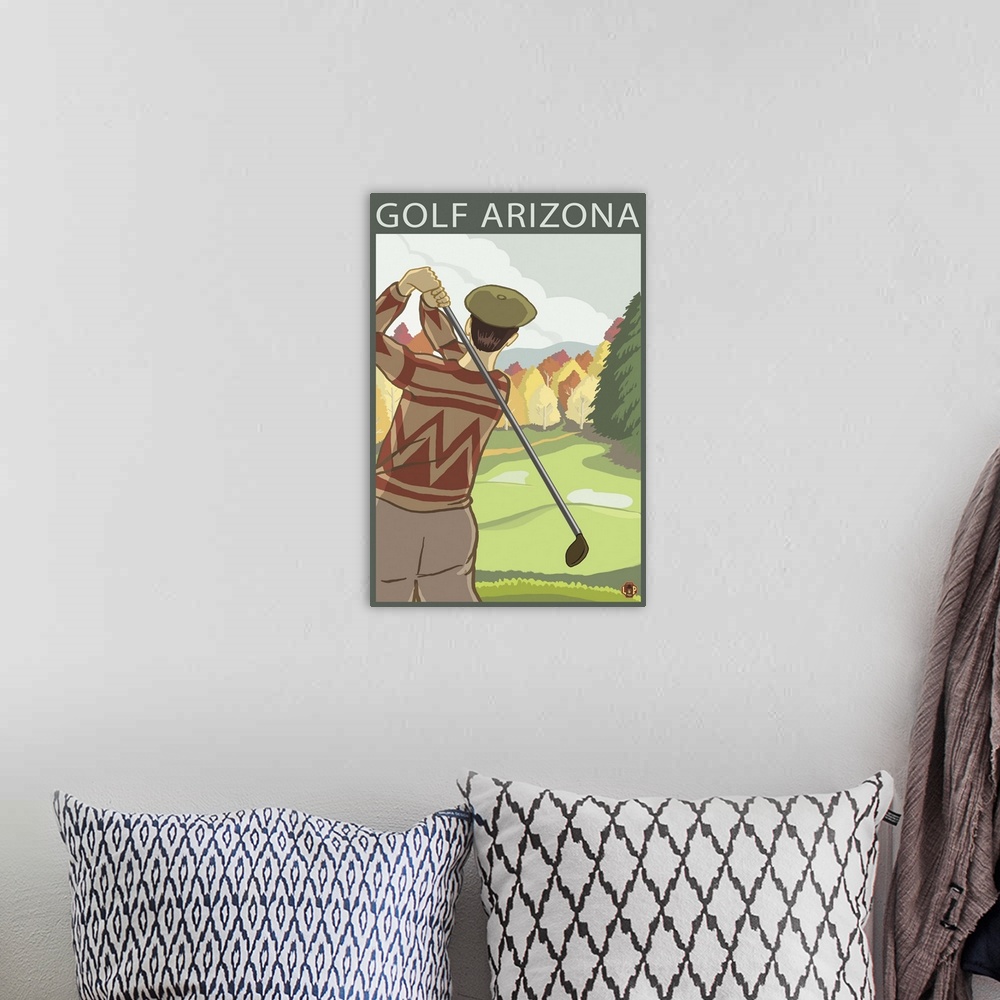 A bohemian room featuring Golfer Scene - Arizona: Retro Travel Poster
