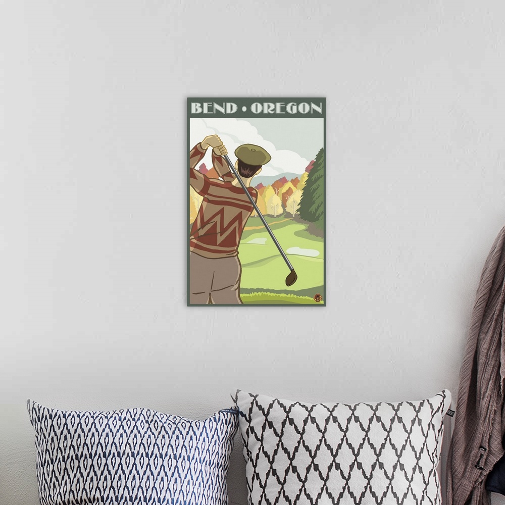A bohemian room featuring Golfer Scene - Bend, Oregon: Retro Travel Poster