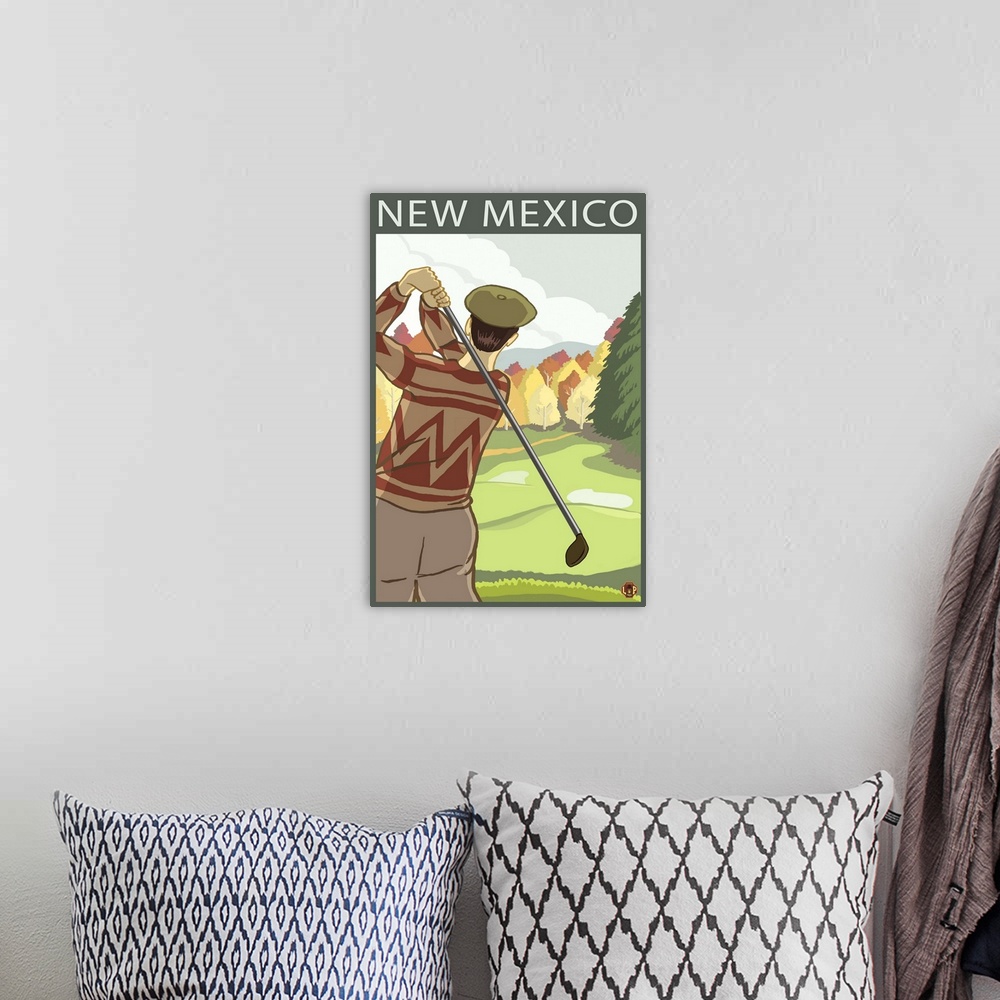 A bohemian room featuring Golfer Scene - New Mexico: Retro Travel Poster