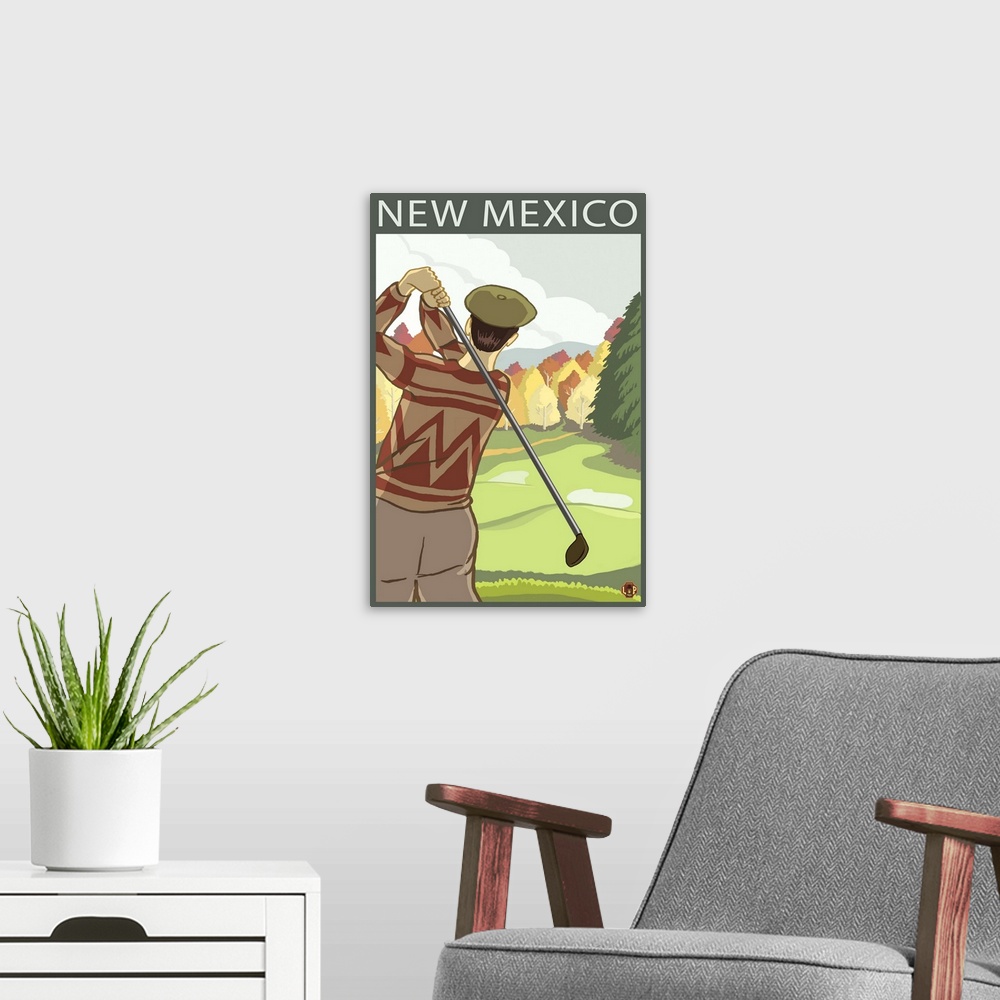 A modern room featuring Golfer Scene - New Mexico: Retro Travel Poster