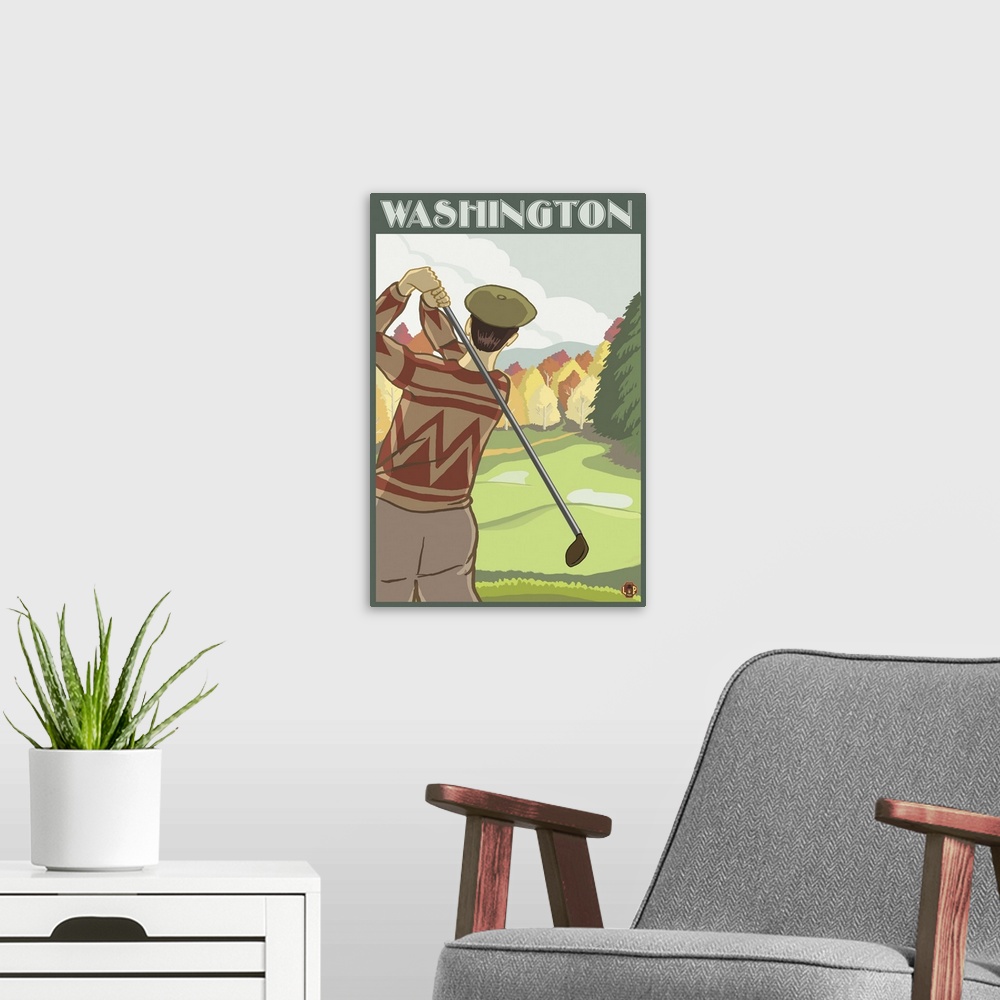 A modern room featuring Golfer Scene - Washington: Retro Travel Poster