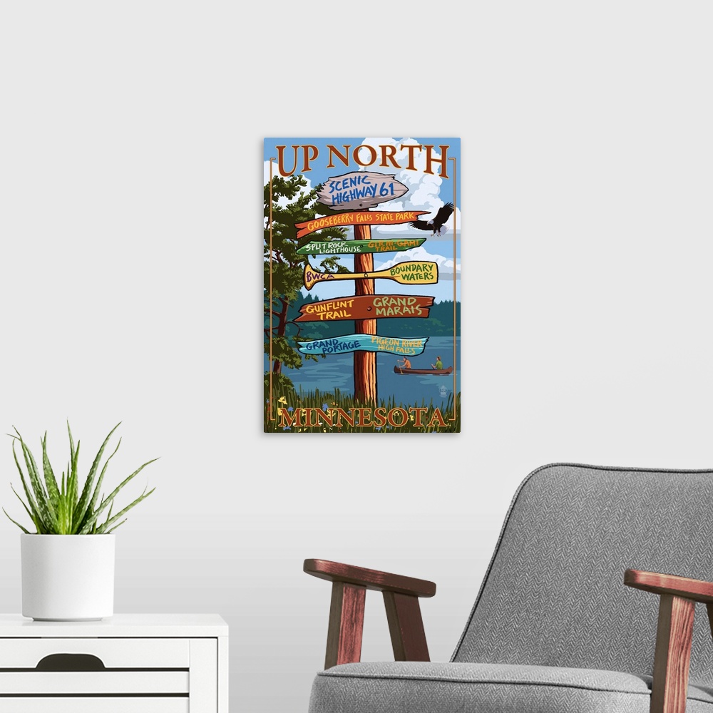 A modern room featuring Gooseberry Falls, Minnesota - Destination Signpost: Retro Travel Poster