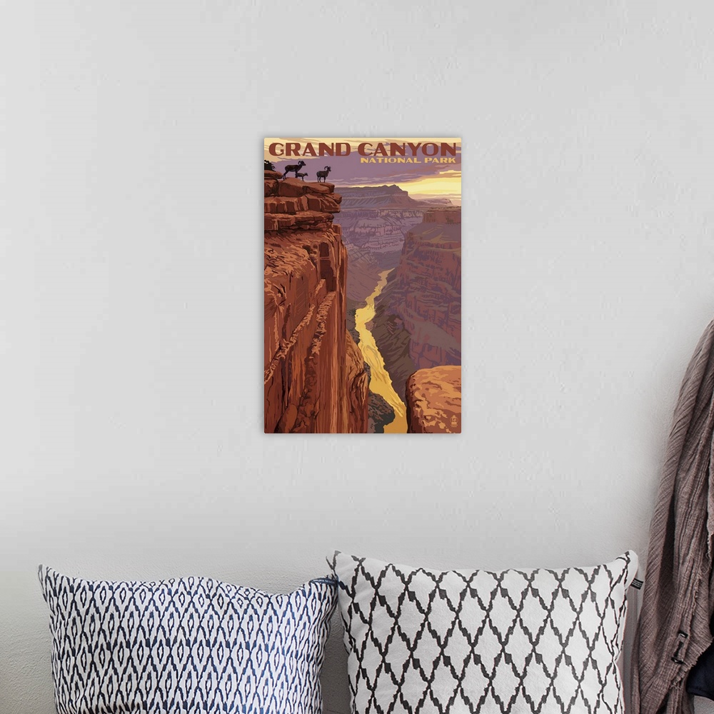 A bohemian room featuring Grand Canyon National Park - Bighorn Sheep on Point: Retro Travel Poster