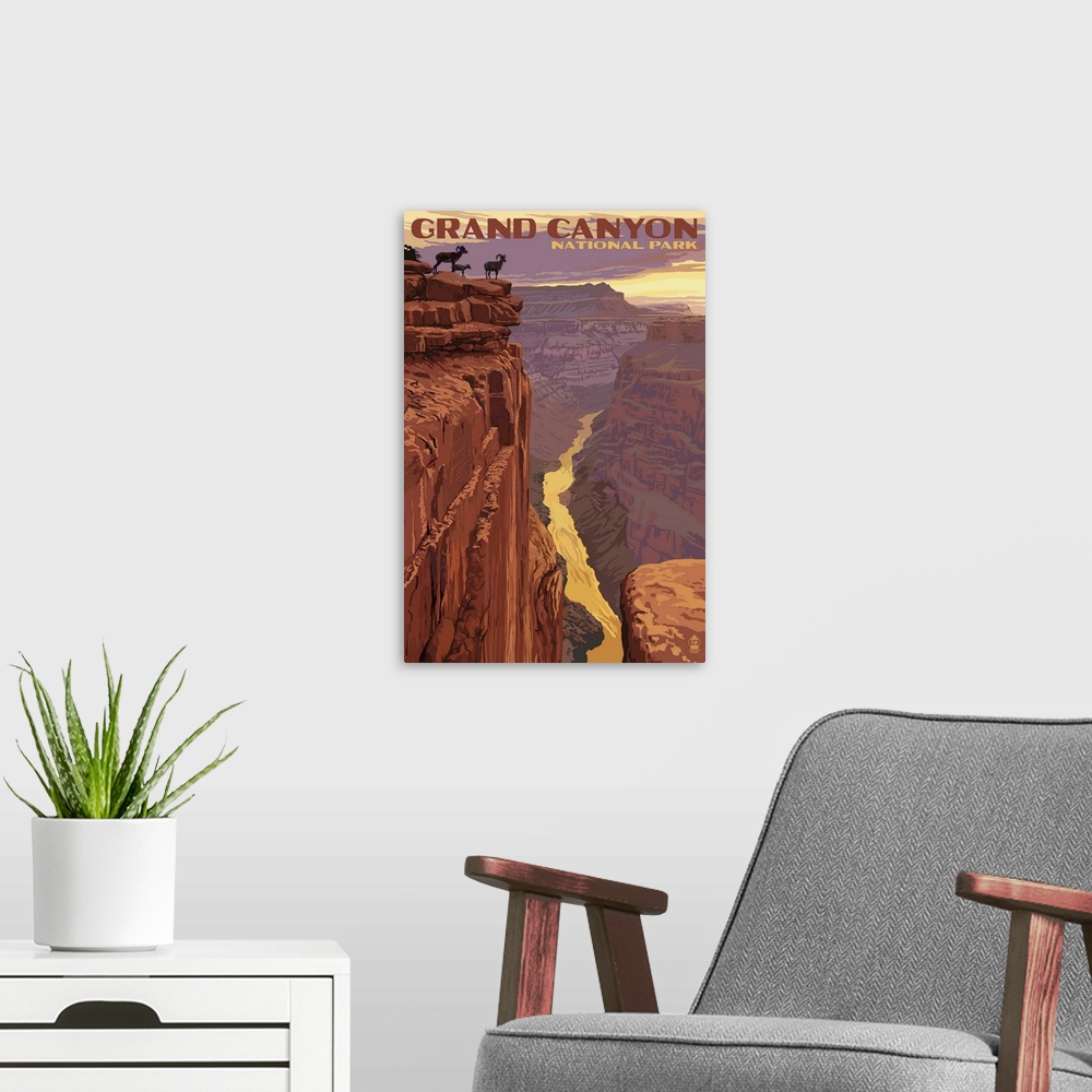 A modern room featuring Grand Canyon National Park - Bighorn Sheep on Point: Retro Travel Poster