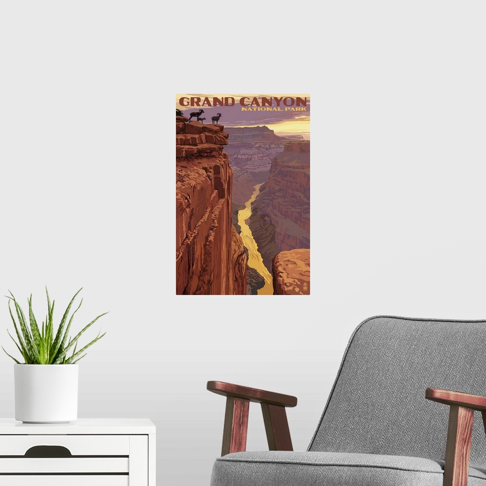 A modern room featuring Grand Canyon National Park - Bighorn Sheep on Point: Retro Travel Poster