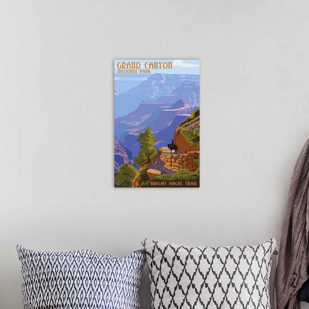 A bohemian room featuring Retro stylized art poster of a hazy view of a massive canyon.