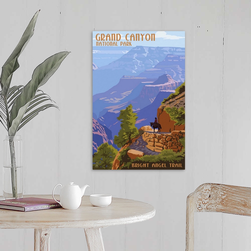 A farmhouse room featuring Retro stylized art poster of a hazy view of a massive canyon.