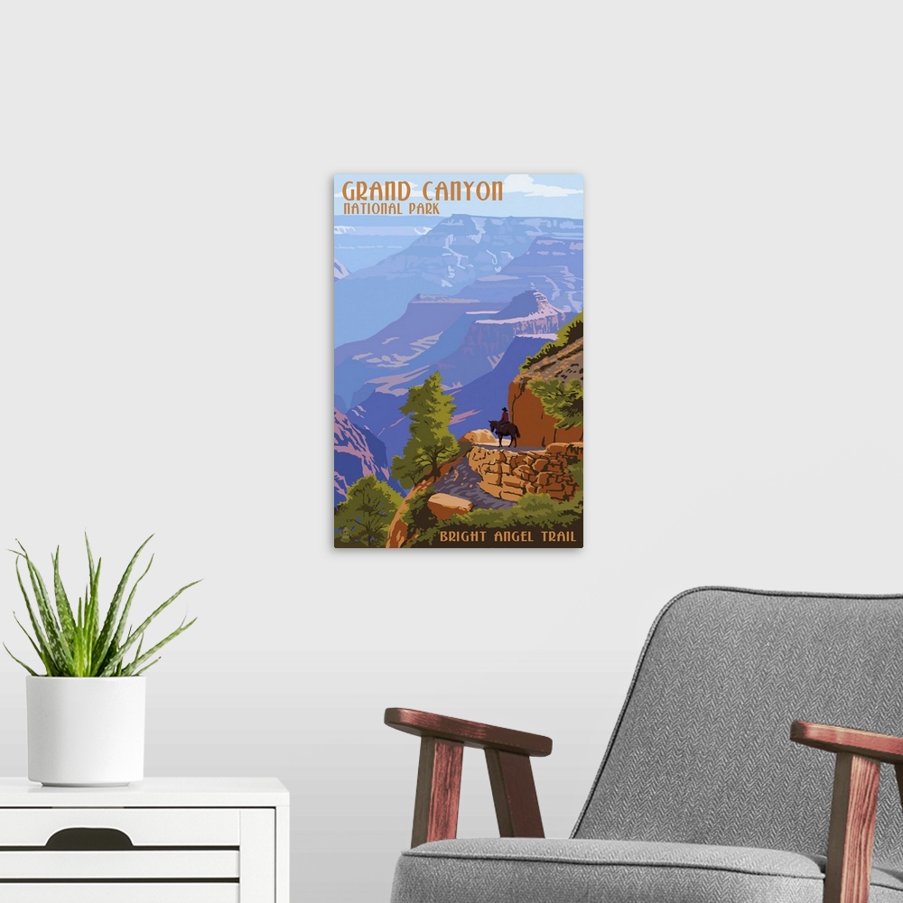 A modern room featuring Retro stylized art poster of a hazy view of a massive canyon.
